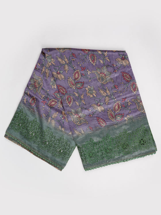 Semi Raw Silk Purple and Green Printed Saree with Embroidered Border SRS22