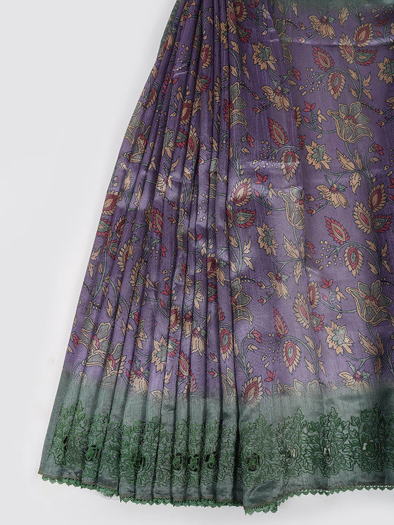 Semi Raw Silk Purple and Green Printed Saree with Embroidered Border SRS22