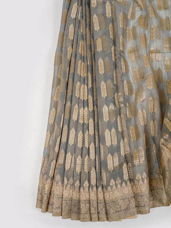Stylish Grey Leaf Design Semi Kora Cotton Saree SK69