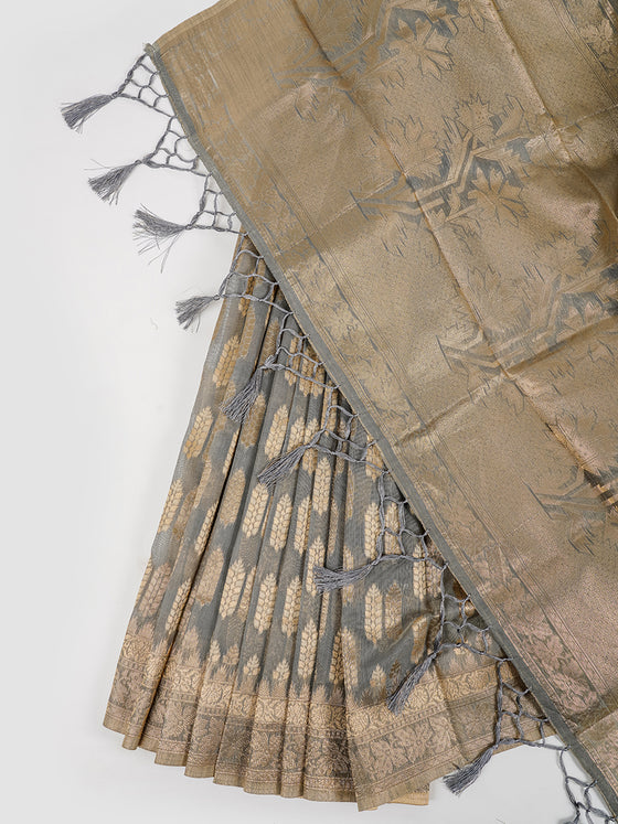 Stylish Grey Leaf Design Semi Kora Cotton Saree SK69