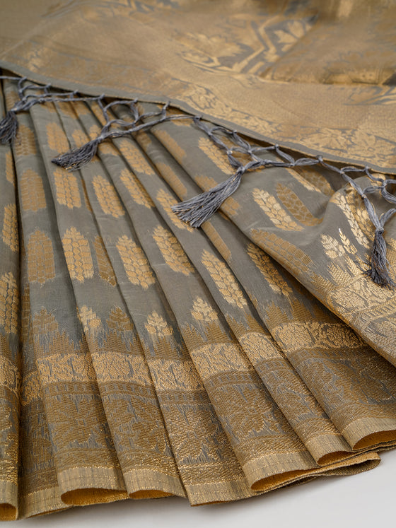 Stylish Grey Leaf Design Semi Kora Cotton Saree SK69