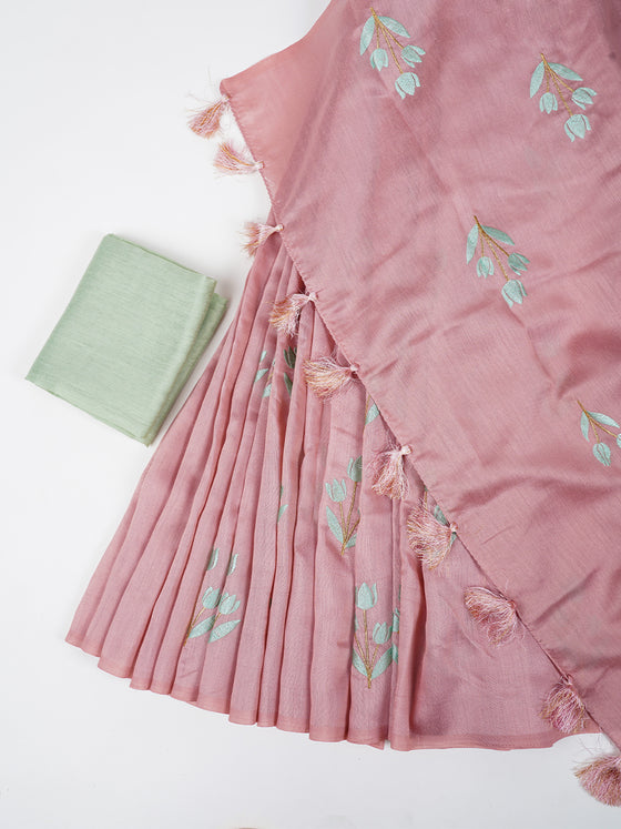 Womens Bhagalpuri Jute Flower Embroidery Saree Pink BJS26