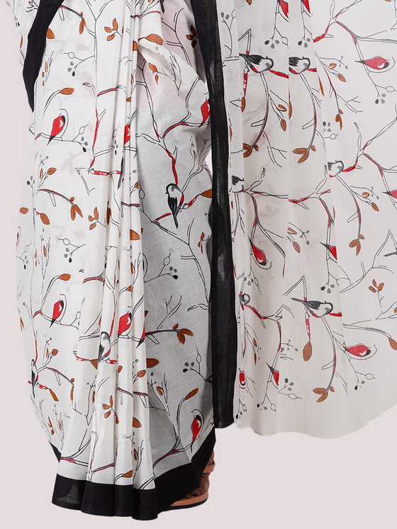 Cotton Printed White & Black Saree CPS04
