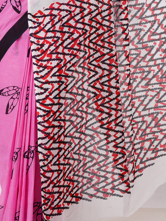 Cotton Printed Pink & Black Leaf Design Saree CPS11