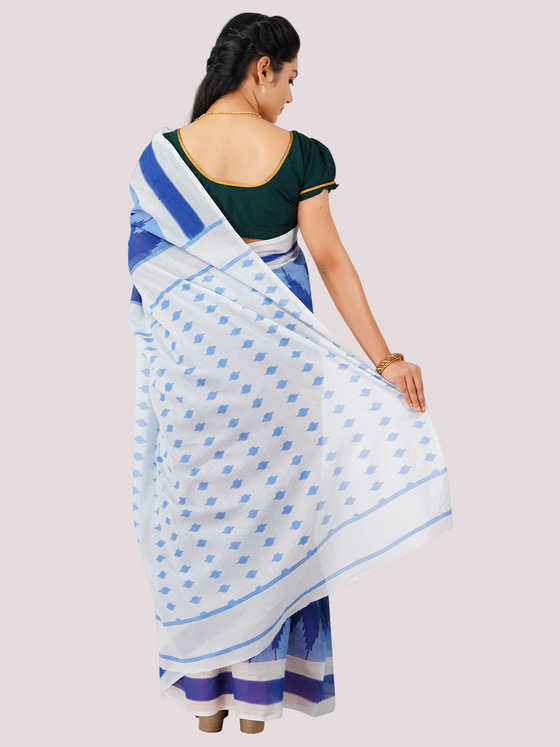 Cotton Printed Temple Design Saree Blue CPS08