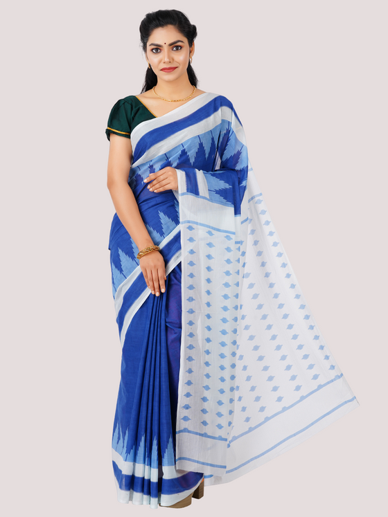Cotton Printed Temple Design Saree Blue CPS08