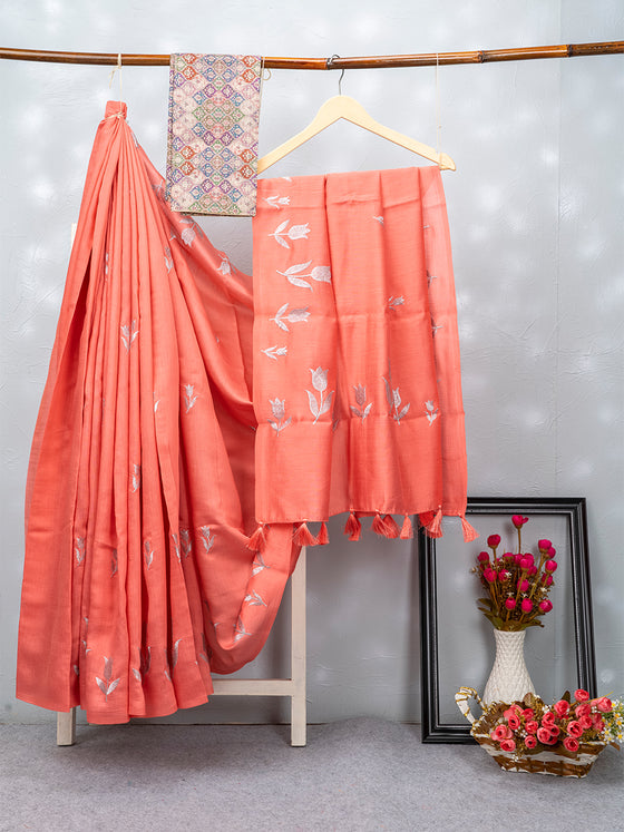 Womens Bhagalpuri Jute Flower Embroidery Saree Pink BJS24