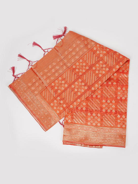 Stylish Flower Design Orange & Sandal Semi Kora Cotton Saree SK78