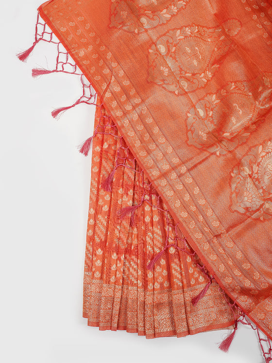 Stylish Flower Design Orange & Sandal Semi Kora Cotton Saree SK78
