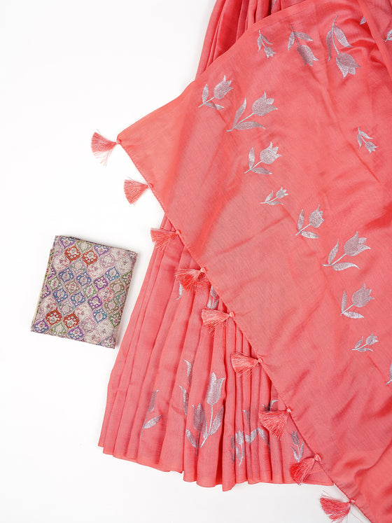 Womens Bhagalpuri Jute Flower Embroidery Saree Pink BJS24