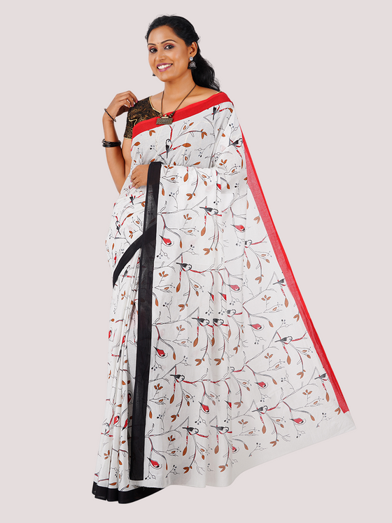 Cotton Printed White & Black Saree CPS04