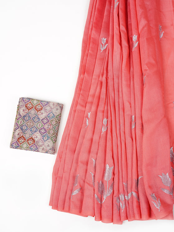 Womens Bhagalpuri Jute Flower Embroidery Saree Pink BJS24