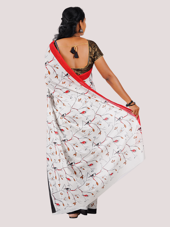 Cotton Printed White & Black Saree CPS04
