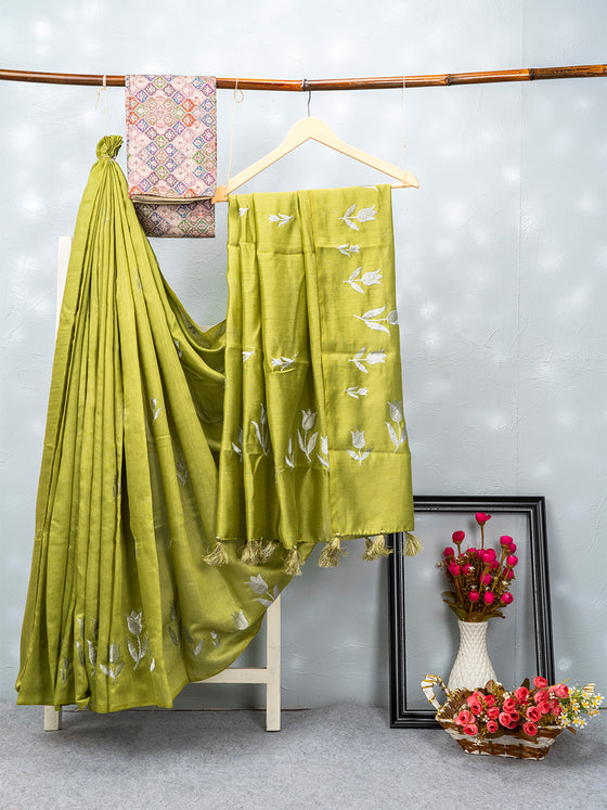 Bhagalpuri Jute Flower Embroidery Saree Green BJS23