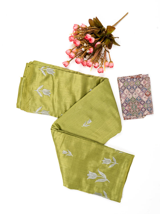 Bhagalpuri Jute Flower Embroidery Saree Green BJS23