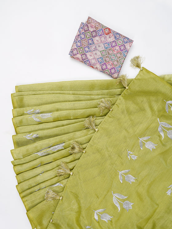 Bhagalpuri Jute Flower Embroidery Saree Green BJS23