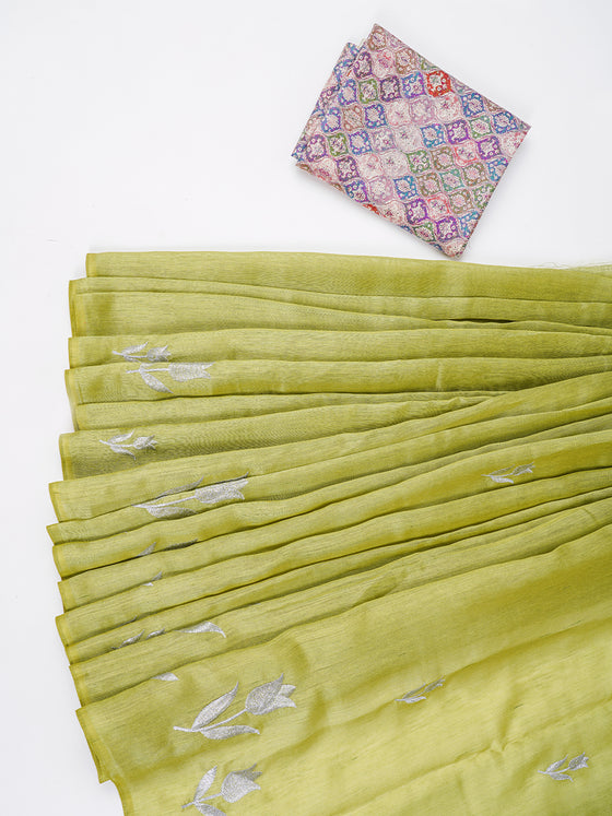 Bhagalpuri Jute Flower Embroidery Saree Green BJS23