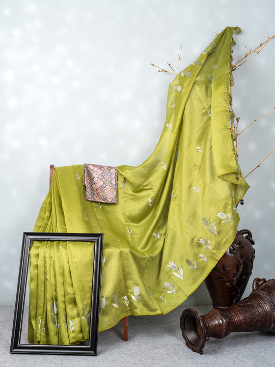 Bhagalpuri Jute Flower Embroidery Saree Green BJS23