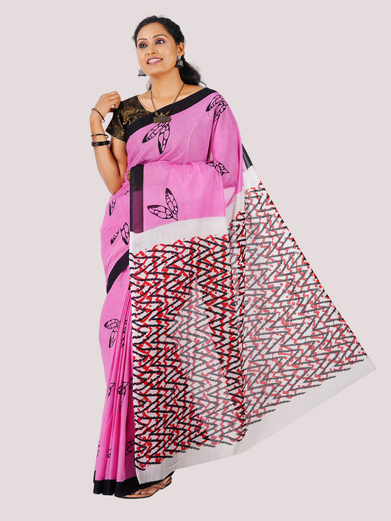 Cotton Printed Pink & Black Leaf Design Saree CPS11