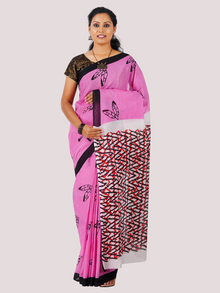  Cotton Printed Pink & Black Leaf Design Saree CPS11