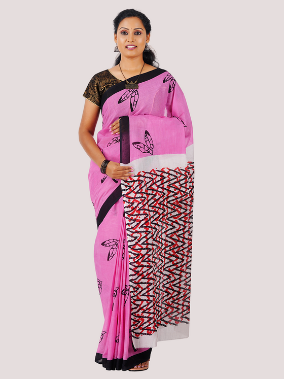 Cotton Printed Pink & Black Leaf Design Saree CPS11
