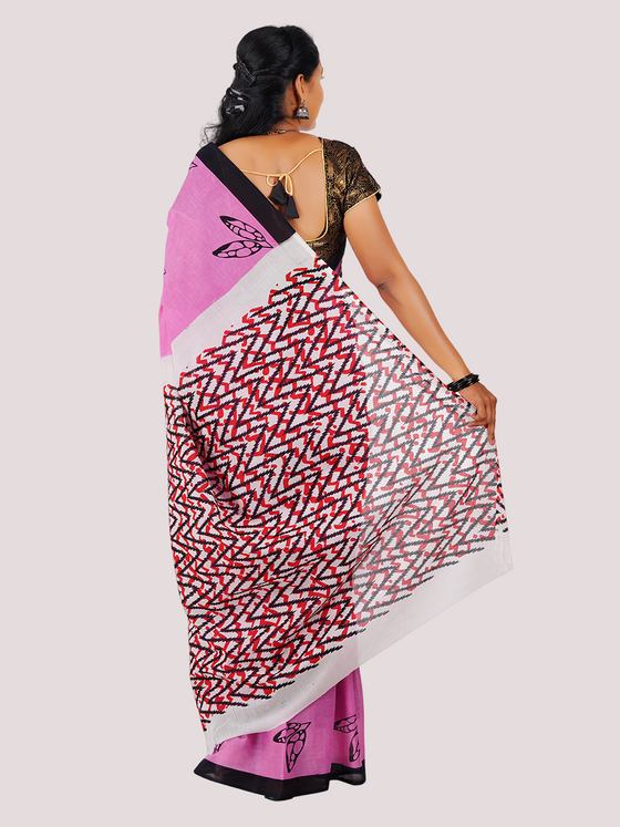 Cotton Printed Pink & Black Leaf Design Saree CPS11