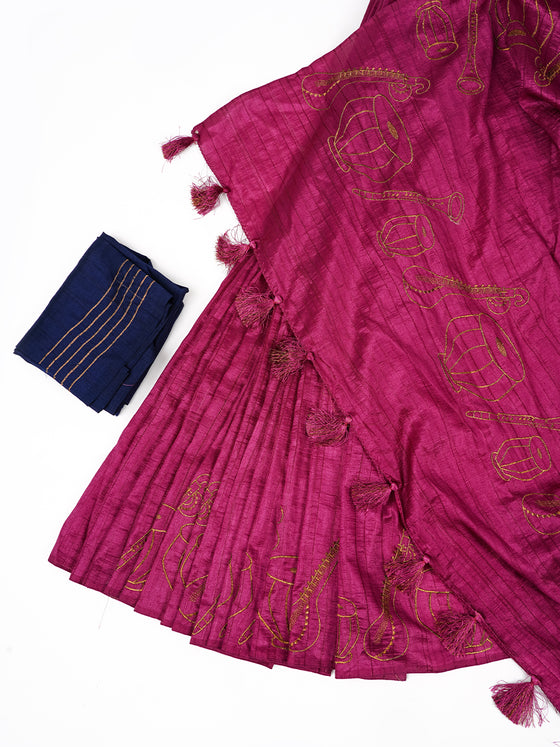 Bhagalpuri Jute Embroidery Saree Purple BJS33