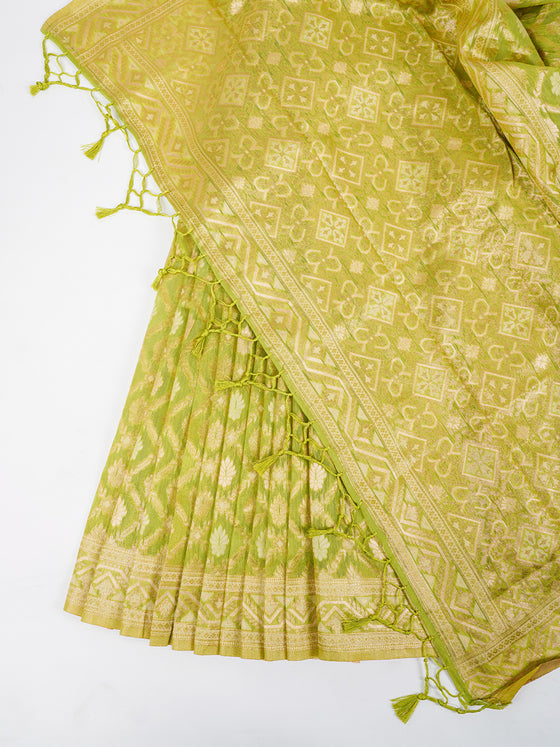 Stylish Flower Design Green & Sandal Semi Kora Cotton Saree SK72