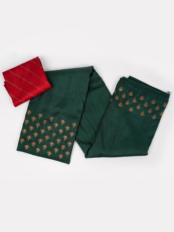 Semi Tussar Flower Embroidery Dark Green Colour Saree ST83