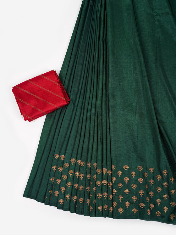 Semi Tussar Flower Embroidery Dark Green Colour Saree ST83