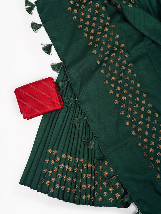 Semi Tussar Flower Embroidery Dark Green Colour Saree ST83