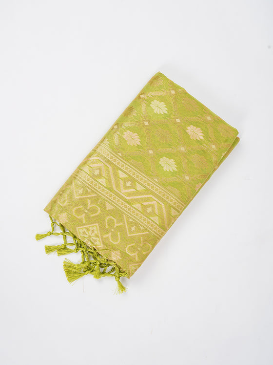 Stylish Flower Design Green & Sandal Semi Kora Cotton Saree SK72