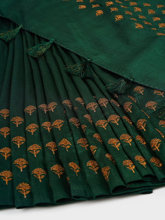 Semi Tussar Flower Embroidery Dark Green Colour Saree ST83