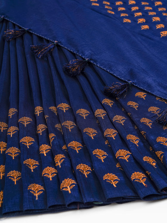 Semi Tussar Flower Embroidery Navy Colour Saree ST82