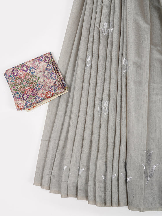 Womens Bhagalpuri Jute Flower Embroidery Saree Grey BJS27