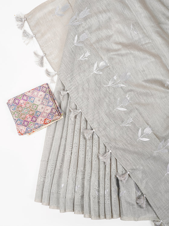 Womens Bhagalpuri Jute Flower Embroidery Saree Grey BJS27