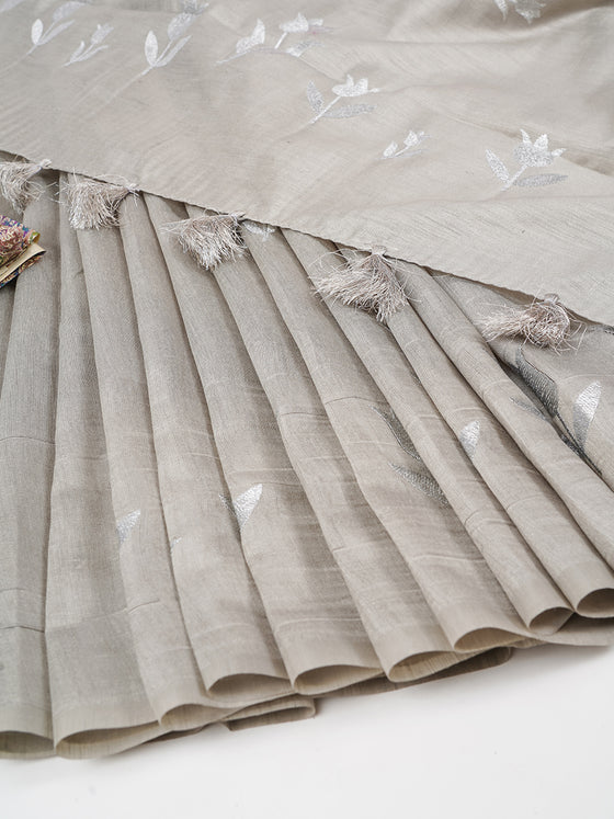 Womens Bhagalpuri Jute Flower Embroidery Saree Grey BJS27