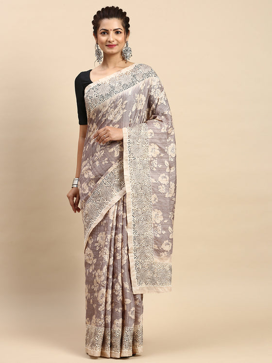 Semi Tussar Woven Embroidery Saree Grey with Sandal STWE12