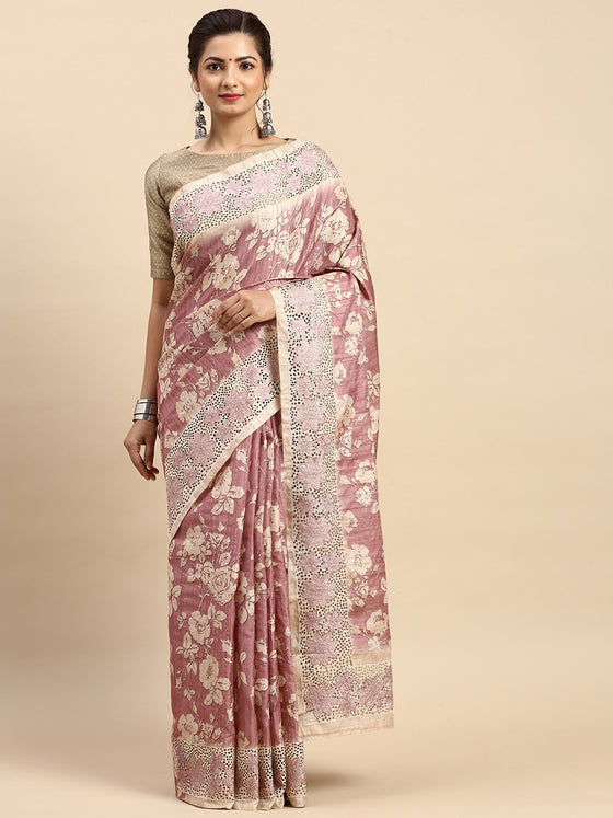 Semi Tussar Woven Embroidery Saree Pink with Sandal STWE11