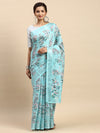 Leaf Design Digital Print Blue Semi Linen Saree SL22
