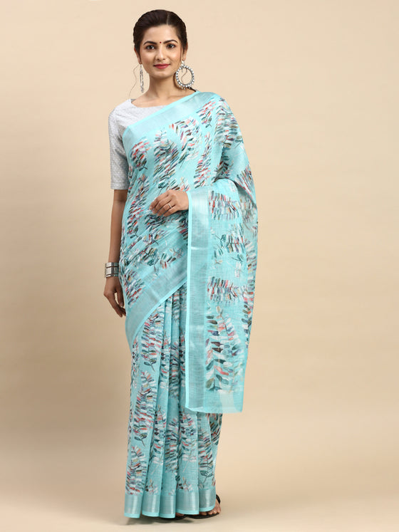 Leaf Design Digital Print Blue Semi Linen Saree SL22
