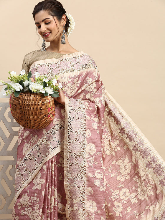 Semi Tussar Woven Embroidery Saree Pink with Sandal STWE11