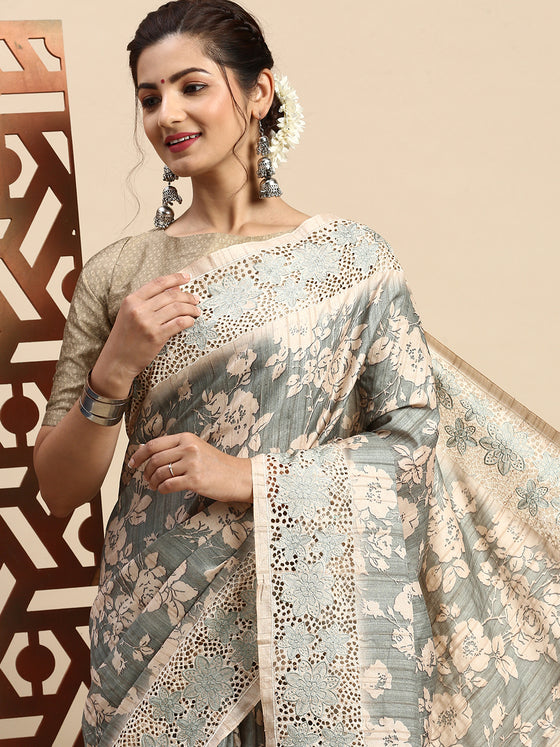 Semi Tussar Woven Embroidery Saree Green with Sandal STWE14