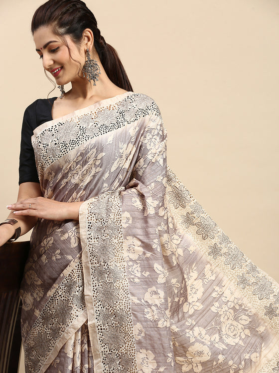Semi Tussar Woven Embroidery Saree Grey with Sandal STWE12
