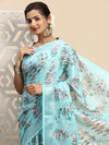 Leaf Design Digital Print Blue Semi Linen Saree SL22