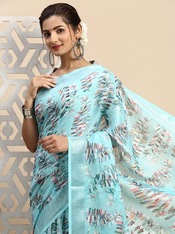 Leaf Design Digital Print Blue Semi Linen Saree SL22