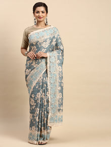  Semi Tussar Woven Embroidery Saree Blue with Sandal STWE13