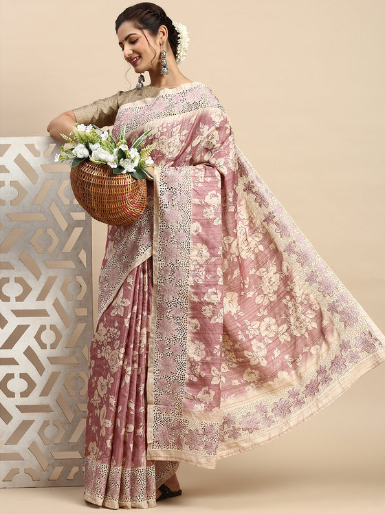 Semi Tussar Woven Embroidery Saree Pink with Sandal STWE11