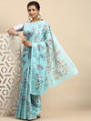Leaf Design Digital Print Blue Semi Linen Saree SL22