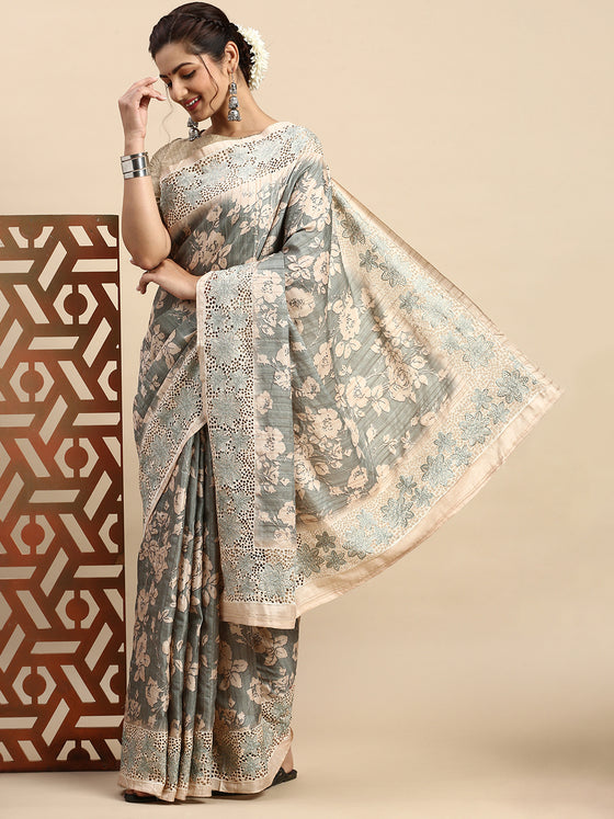 Semi Tussar Woven Embroidery Saree Green with Sandal STWE14